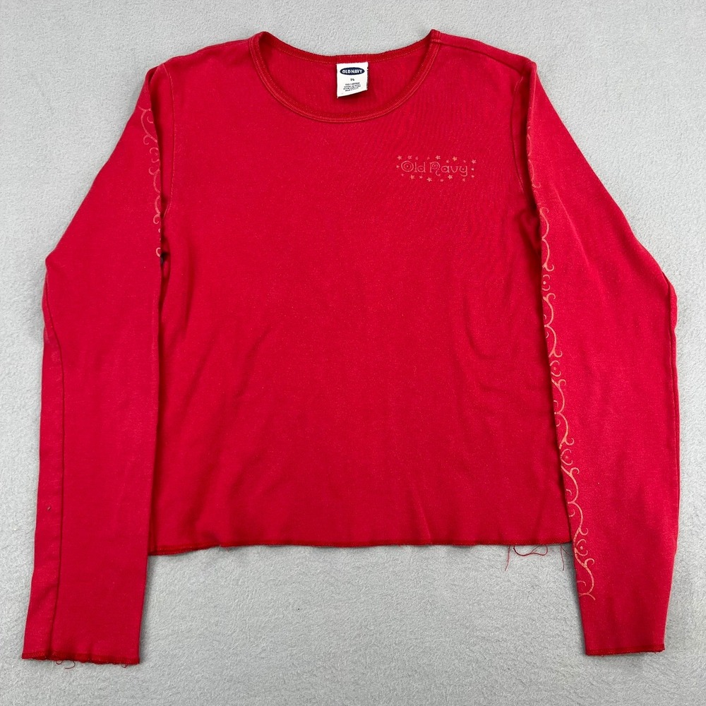 Old Navy Girls Vintage Y2K Red Long Sleeve Graphic‎ T-Shirt Size 14 Cotton
